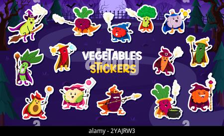 Dessins animés sorciers de légumes d'Halloween, mages et sorciers personnages autocollants, pack vectoriel. Halloween horreur nuit vacances drôles autocollants de légumes de sorcière de citrouille et sorcier de brocoli avec baguette magique Illustration de Vecteur