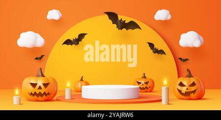 Scène de podium 3d Halloween avec citrouilles, chauves-souris et bougies. Le fond festif de vecteur avec la couleur orange vibrante, les visages de lanterne de jack sculptés et les nuages ludiques capturent l'esprit effrayant des vacances d'Halloween Illustration de Vecteur