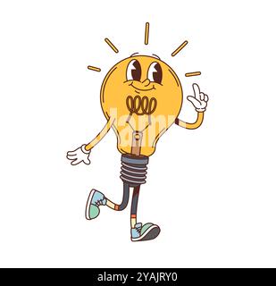 Personnage d'ampoule groovy. Personnage rétro ludique de lampe jaune de vecteur de bande dessinée isolé avec des baskets et un doigt pointant, incarnant une idée lumineuse, la créativité et l'énergie joyeuse avec une ambiance vintage Illustration de Vecteur