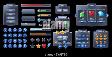 Interface de jeu en métal, ressources d'interface utilisateur de jeu et éléments vectoriels de dessin animé comme les boutons, les contrôles et les icônes. Menu principal et fenêtres d'options, barre de progression, échelles, touches et indicateurs pour les applications de jeu Illustration de Vecteur
