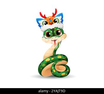 Le serpent vert de dessin animé avec des taches jaunes porte un chapeau de dragon coloré avec des bois rouges. Le serpent reptile vecteur ludique sort de sa langue, représentant l'année lunaire 2025 dans le zodiaque chinois et la culture Illustration de Vecteur