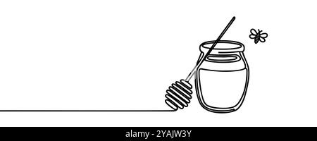 Une seule ligne dessinant du miel d'or naturel doux frais sur un pot en verre avec illustration graphique vectorielle de plongeur en bois. Concept de supplément biologique naturel Illustration de Vecteur