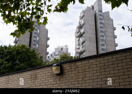 Cotton Gardens Estate le 27 août 2024 à Londres, Royaume-Uni. Les trois tours de Cotton Gardens Estate sur Kennington Lane sont bien connues sur l'horizon de Lambeth. Conçu par l'architecte George Finch et construit à l'aide d'un système préfabriqué. Les tours sont nommées Ebenezer, Fairford et Hurley. Il a été approuvé en 1966 et achevé en 1968. Banque D'Images