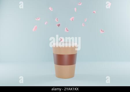 Une tasse de café entourée de cœurs roses flottants, évoquant une atmosphère romantique pour la Saint-Valentin. rendu 3d. Banque D'Images