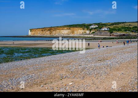 Vue panoramique sur la plage de galets de Cuckmere Haven, l'estuaire de la rivière Cuckmere et Seaford Head avec les Coastguard Cottages à East Sussex, en Angleterre. Banque D'Images