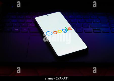 16 juillet 2024, Paraguay. Dans cette illustration photo, le logo Google est affiché sur l'écran d'un smartphone Banque D'Images