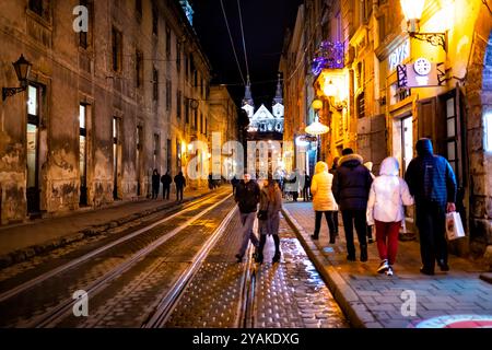 Lviv, Ukraine - 27 décembre 2019 : les gens marchent la nuit sur la vieille ville pavée rue Lvov à Noël de la saison des vacances du nouvel an Banque D'Images