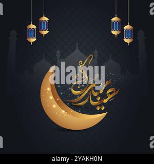 Eid Moubarak avec la lune d'or avec fond noir, médias sociaux Post Vector Art Illustration de Vecteur