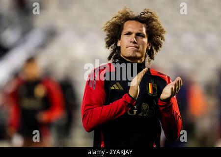 Bruxelles, Belgique. 14 octobre 2024. BRUXELLES, BELGIQUE - 14 OCTOBRE : le belge Wout Faes applaudit lors du match du Groupe A2 de la Ligue des Nations 2024/25 de la Ligue A De l'UEFA entre la Belgique et la France au stade Roi Baudouin le 14 octobre 2024 à Bruxelles, Belgique. (Photo de René Nijhuis/MB Media) crédit : MB Media solutions/Alamy Live News Banque D'Images