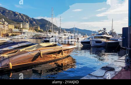 Awe matin vue sur les bateaux et yachts (voiliers|) dans le port HERCULE et bâtiments de Monaco et Monte Carlo dans la bonne direction avec le célèbre bâtiment de CA Banque D'Images