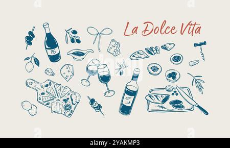 Ensemble pique-nique la Dolce Vita. Dessiné à la main minimaliste Fête en plein air d'été pour filles. Planche de charcuterie, plateau de fromage, bouteille de vigne et verre de vin. Italie fo Illustration de Vecteur