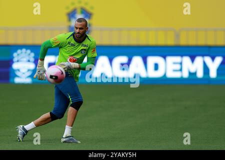 Brasilia, Brésil. 14 octobre 2024. Gardien de but, Weverton du Brésil, lors de la séance d'entraînement au stade Mane Garrincha, à Brasilia, Brésil, le 14 octobre 2024. L’équipe se prépare à affronter le Pérou lors de la 10e manche des qualifications sud-américaines pour la Coupe du monde de la FIFA 2026. Photo : Heuler Andrey/DiaEsportivo/Alamy Live News crédit : DiaEsportivo/Alamy Live News Banque D'Images