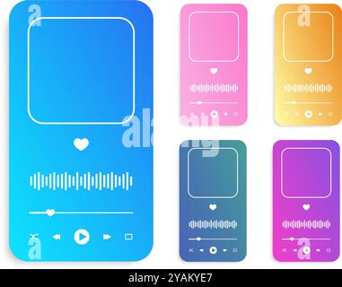 Ensemble de modèles colorés d'interface de lecteur audio avec cadre de couverture d'album, boutons, barre de chargement de progression et onde d'égaliseur. Widgets du menu de lecture isolés sur fond blanc. Illustration vectorielle. Illustration de Vecteur