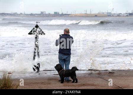 homme avec chien photographiant mouette et vagues écrasantes éclaboussures gelées capturées par caméra sur la plage du port seaton sluice dans le northumberland au royaume-uni Banque D'Images