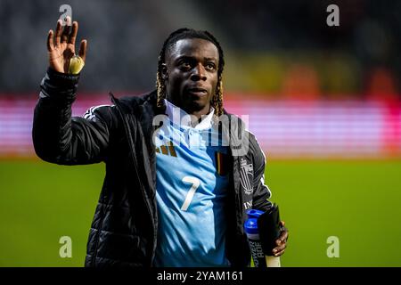 Bruxelles, Belgique. 14 octobre 2024. BRUXELLES, BELGIQUE - 14 OCTOBRE : Jeremy Doku, belge, fait des vagues lors du match de l'UEFA Nations League 2024/25 League A Group A2 entre la Belgique et la France au stade Roi Baudouin le 14 octobre 2024 à Bruxelles, Belgique. (Photo de René Nijhuis/MB Media) crédit : MB Media solutions/Alamy Live News Banque D'Images