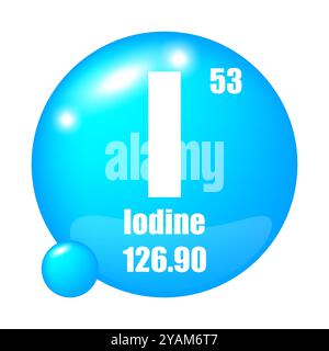 Icône iode. I élément chimique. Numéro atomique 53. Masse 126.90. Image de sphère bleue. Symbole vectoriel. Illustration de Vecteur