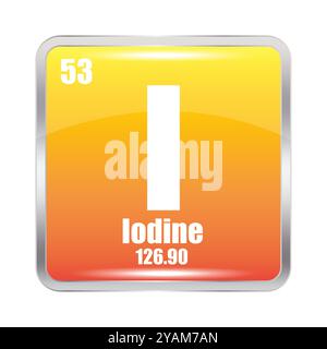 Icône iode. I élément chimique. Numéro atomique 53. Masse 126.90. Image carrée jaune. Symbole vectoriel. Illustration de Vecteur