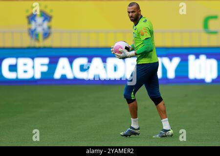 Brasilia, Brésil, 14 octobre 2024. Le gardien de but Weverton, du Brésil, regarde pendant la séance d'entraînement, au stade Mane Garrincha, à Brasilia, au Brésil, le 14 octobre 2024. L’équipe se prépare à affronter le Pérou lors de la 10e manche des qualifications sud-américaines pour la Coupe du monde de la FIFA 2026. Photo : Heuler Andrey/DiaEsportivo/Alamy Live News Banque D'Images