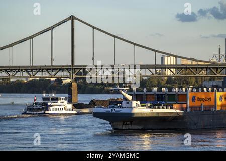 Cargo, cargo porte-conteneurs, pont Krefeld-Uerdingen sur le Rhin, près de Krefeld-Uerdingen, Rhénanie du Nord-Westphalie, Allemagne, Europe Banque D'Images