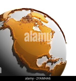 Un fragment du globe avec les continents de verre ambré épais à facettes, qui tombe sur une lumière dure, créant un éblouissement caustique sur les visages. Isolé sur wh Banque D'Images