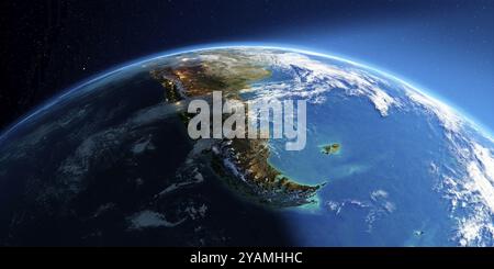 Une Terre très détaillée avec atmosphère, relief exagéré et villes inondées de lumière. Transition de la nuit au jour. Amérique du Sud. Tierra del Fuego. 3D. Banque D'Images