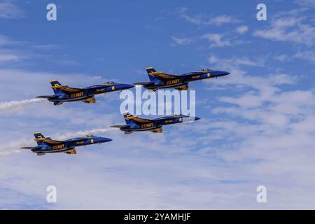 Les Blue Angels d'élite de l'US Navy affinent la précision dans le désert californien, pratiquant des vols en formation complexe au Naval Air Field El Centro pour l'upco Banque D'Images