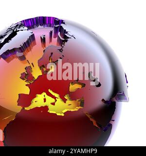 Fragment d'un globe en verre avec un continent stylisé proéminent de vitrail avec biseauté, qui brille de l'intérieur avec une lumière vive chaude. Sur un Banque D'Images