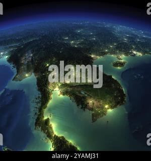 Terre très détaillée, éclairée par le clair de lune. La lueur des villes jette la lumière sur le terrain exagéré détaillé et l'eau translucide de l'océan Banque D'Images