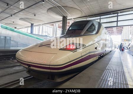 Le train à grande vitesse arrive à Madrid Atocha, plaque tournante pour les trains de banlieue et régionaux, ainsi que les services AVE à travers l'Espagne Banque D'Images