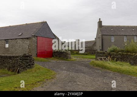 Ferme avec Tor Tor rouge, Papa Westray, Orcades, Écosse, Grande-Bretagne Banque D'Images