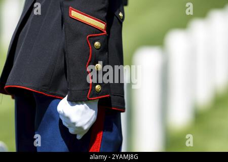 Un moment poignant se déroule alors qu'un Marine joue des robinets, honorant un vétéran déchu par un salut solennel, marquant son internement dans un ceme militaire national Banque D'Images