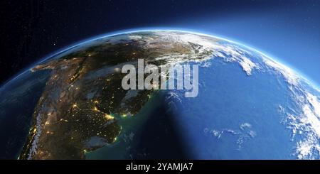 Une Terre très détaillée avec atmosphère, relief exagéré et villes inondées de lumière. Transition de la nuit au jour. Amérique du Sud. Rio de la Plata. 3D R Banque D'Images