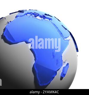 Un fragment du globe avec les continents de verre bleu épais à facettes, qui tombe sur une lumière dure, créant un éblouissement caustique sur les visages. Isolé sur whi Banque D'Images