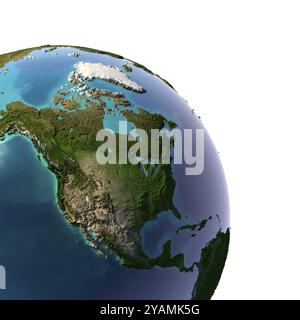 La terre avec l'eau translucide dans les océans et la topographie détaillée des continents. Détail de la Terre avec l'Amérique du Nord. Isolé sur blanc Banque D'Images