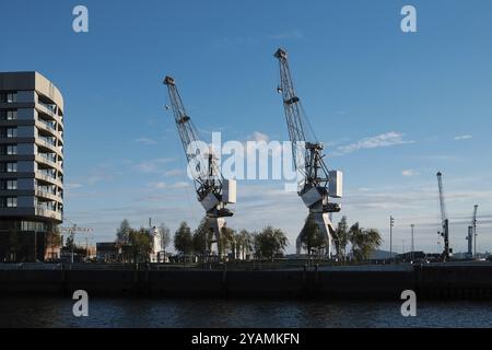 Systèmes de grues dans le port de Hambourg, ville hanséatique de Hambourg, Allemagne, Europe Banque D'Images