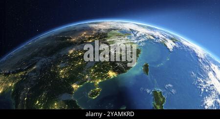 Une Terre très détaillée avec atmosphère, relief exagéré et villes inondées de lumière. Transition de la nuit au jour. Chine orientale et Taiwan. Rendu 3D. Banque D'Images