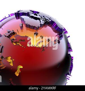 Fragment d'un globe en verre avec un continent stylisé proéminent de vitrail avec biseauté, qui brille de l'intérieur avec une lumière vive chaude. Sur un Banque D'Images
