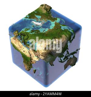 La Terre comme un cube avec un plan d'eau translucide et une carte en relief détaillée des continents et du fond de l'océan Banque D'Images