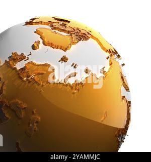 Un fragment du globe avec les continents de verre ambré épais à facettes, qui tombe sur une lumière dure, créant un éblouissement caustique sur les visages. Isolé sur wh Banque D'Images