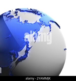 Un fragment du globe avec les continents de verre bleu épais à facettes, qui tombe sur une lumière dure, créant un éblouissement caustique sur les visages. Isolé sur whi Banque D'Images