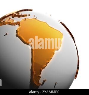 Un fragment du globe avec les continents de verre ambré épais à facettes, qui tombe sur une lumière dure, créant un éblouissement caustique sur les visages. Isolé sur wh Banque D'Images