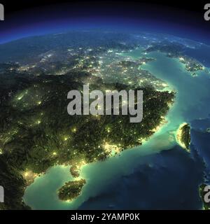 Terre très détaillée, éclairée par le clair de lune. La lueur des villes jette la lumière sur le terrain exagéré détaillé. Terre de nuit. Chine orientale et Ta Banque D'Images