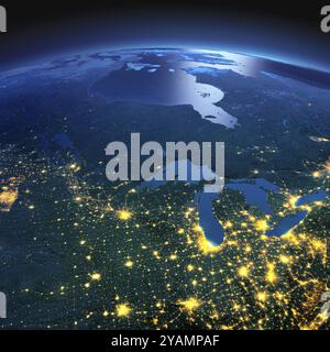 Planète Terre de nuit avec relief détaillé précis et lumières de ville illuminées par le clair de lune. Les états du nord des États-Unis et le Canada. Éléments de cette image Banque D'Images