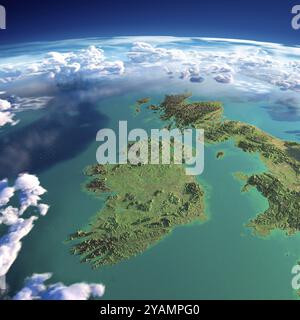 Fragments très détaillés de la planète Terre avec relief exagéré, océan translucide et nuages, illuminés par le soleil du matin. Irlande et Royaume-Uni. E Banque D'Images