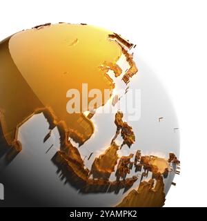 Un fragment du globe avec les continents de verre ambré épais à facettes, qui tombe sur une lumière dure, créant un éblouissement caustique sur les visages. Isolé sur wh Banque D'Images