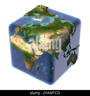 La Terre comme un cube avec un plan d'eau translucide et une carte en relief détaillée des continents et du fond de l'océan Banque D'Images