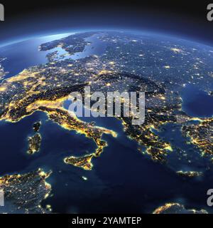 Planète Terre de nuit avec relief détaillé précis et lumières de ville illuminées par le clair de lune. Italie, Grèce et mer Méditerranée. Éléments de cette im Banque D'Images