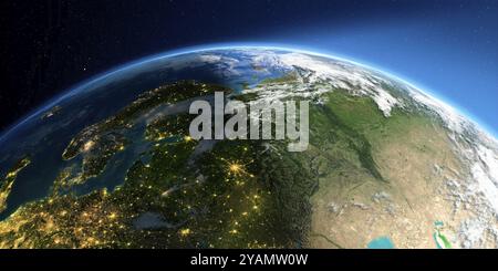 Une Terre très détaillée avec atmosphère, relief exagéré et villes inondées de lumière. Transition de la nuit au jour. Partie européenne de la Russie. Rendu 3D. Banque D'Images