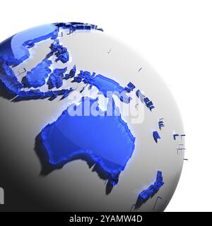 Un fragment du globe avec les continents de verre bleu épais à facettes, qui tombe sur une lumière dure, créant un éblouissement caustique sur les visages. Isolé sur whi Banque D'Images