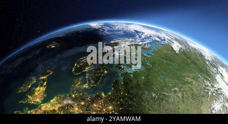 Une Terre très détaillée avec atmosphère, relief exagéré et villes inondées de lumière. Transition de la nuit au jour. Europe. Scandinavie. Rendu 3D. E Banque D'Images